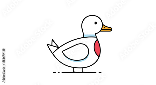 Cute animated white duck waddling gracefully on a white background with simple line art elements present