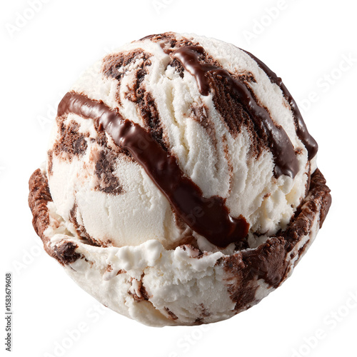 Delicious scoop of vanilla ice cream with chocolate swirl isolated on transparent background