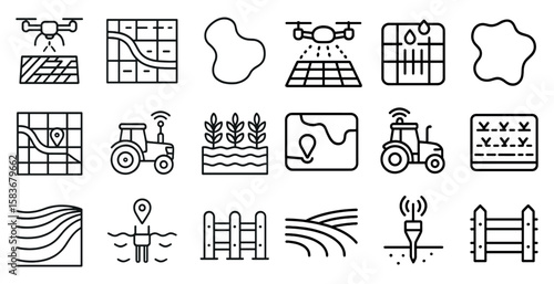 Series of icons depicting various farm equipment and agricultural activities. The icons include a tractor, a drone, a water sprayer, and a fence. Scene is one of productivity