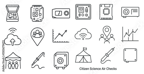 Collection of icons for Citizen Science Air Checks. The icons include a pen, a computer, a clock, a cloud, a person, a tent, a building, a person with a camera, a person with a cell phone