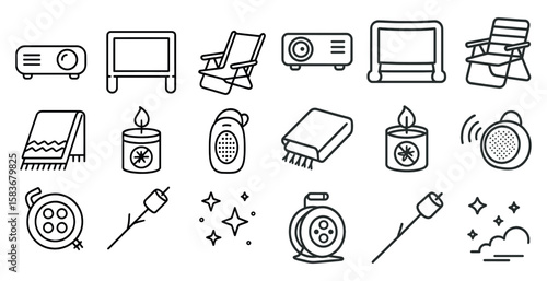 Set of icons for various home appliances and items, including a projector, a chair, a lamp, a remote, and a book