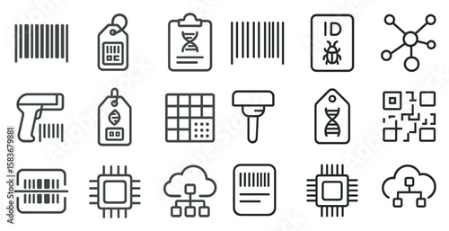 Collection of icons for various technology items, including a barcode scanner, a DNA sequencer, and a computer chip
