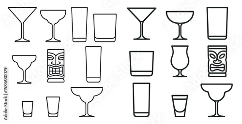 Set of glasses and cups, including martini glasses, shot glasses, and tall glasses. The image is in black and white and has a minimalist style