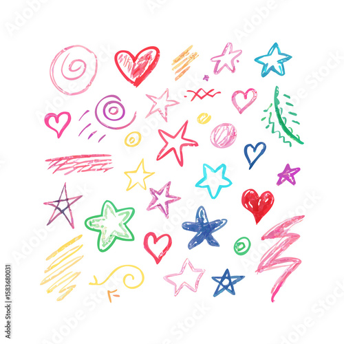 Hand drawn line chalk brush stroke arrow icon set. Chalk crayon underline, check mark, scribble and texture in rough hand sketch style. Drawn heart, frame, star design shapes. Vector illustration
