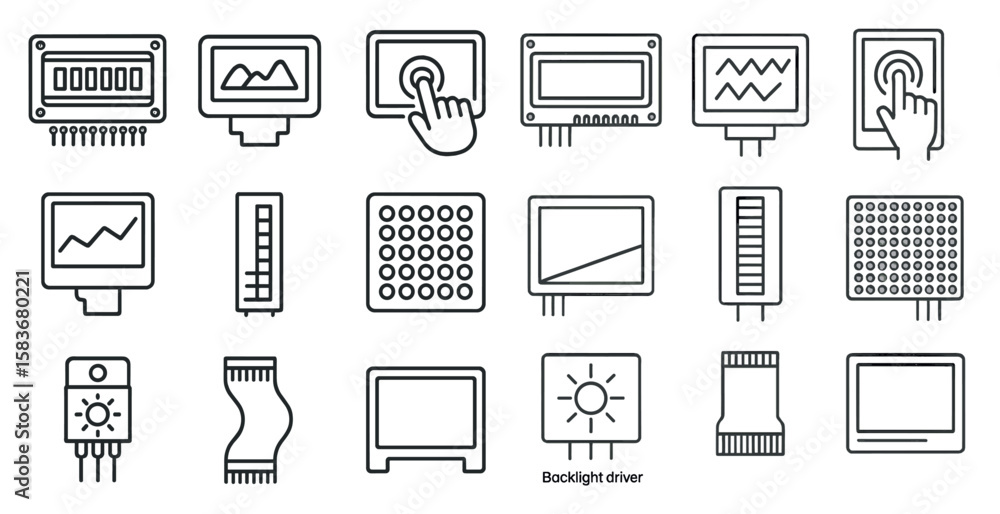Fototapeta premium Set of icons for a computer monitor, including a backlight driver. The icons are all in black and white and are arranged in a grid