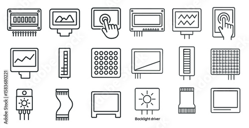Set of icons for a computer monitor, including a backlight driver. The icons are all in black and white and are arranged in a grid