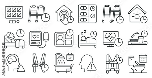 Set of icons for a hospital or medical facility. The icons include a bed, a clock, a person, a heart, a person with a stethoscope, a person with a wheelchair, a person with a walker