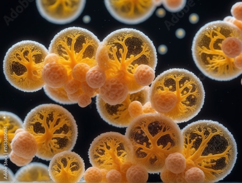 Collinsella bacteria fermenting cellulose, with gas bubbles in a biofilm EPS matrix. Subsurface scattering, intestinal mucus refraction effects. Actinobacteria, probiotic, anaerobe, Microbiology, inte