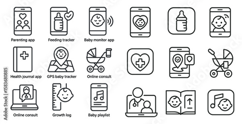 Set of icons for baby care apps and devices. The icons include a book, a phone, a tablet, a baby monitor, a stroller, a bottle, a pacifier, a baby carrier, a car seat, a baby journal