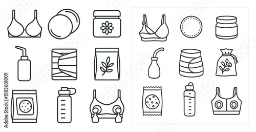 Collection of items related to feminine hygiene and care. The items include a breast pump, breast pads, breast milk, and other feminine care products