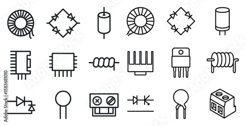 Collection of electronic components and devices are shown in a black and white style. Concept of precision and technicality, as the various components are clearly defined and organized