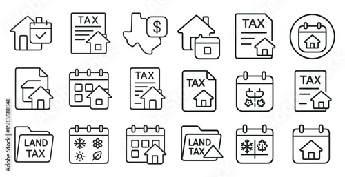 Set of tax related icons including a house, a calendar, and a folder. The icons are all in black and white