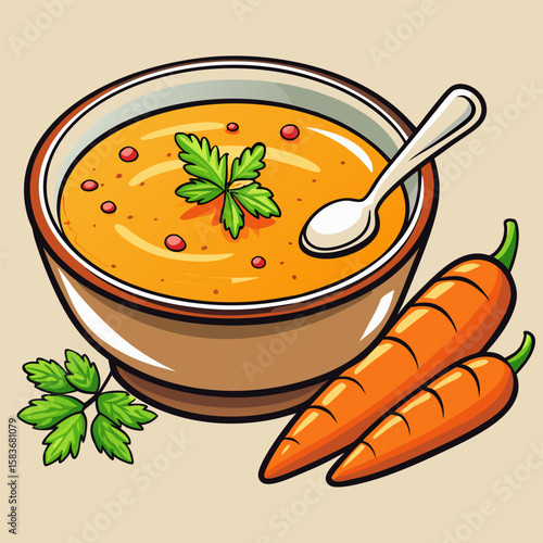 Orange carrot soup in a bowl with a spoon and fresh herbs. Bowl of soup with carrots and parsley garnish. Restaurant menu item illustration with carrots and herbs.