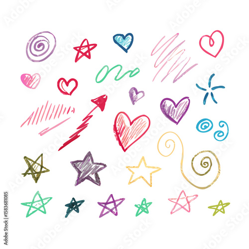 Hand drawn line chalk brush stroke arrow icon set. Chalk crayon underline, check mark, scribble and texture in rough hand sketch style. Drawn heart, frame, star design shapes. Vector illustration