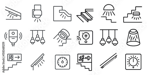 Series of icons for lighting fixtures and controls. The icons include a clock, a light switch, a light fixture, and a staircase