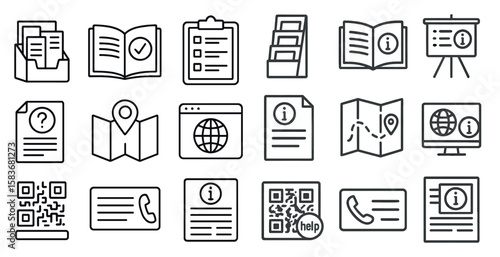 Set of icons for various office supplies, including a book, a clipboard, a computer monitor, a phone, a map, a QR code, and a brochure