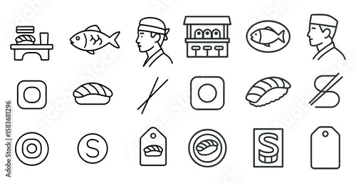 Series of food icons including sushi, fish, and chopsticks. The icons are all in black and white