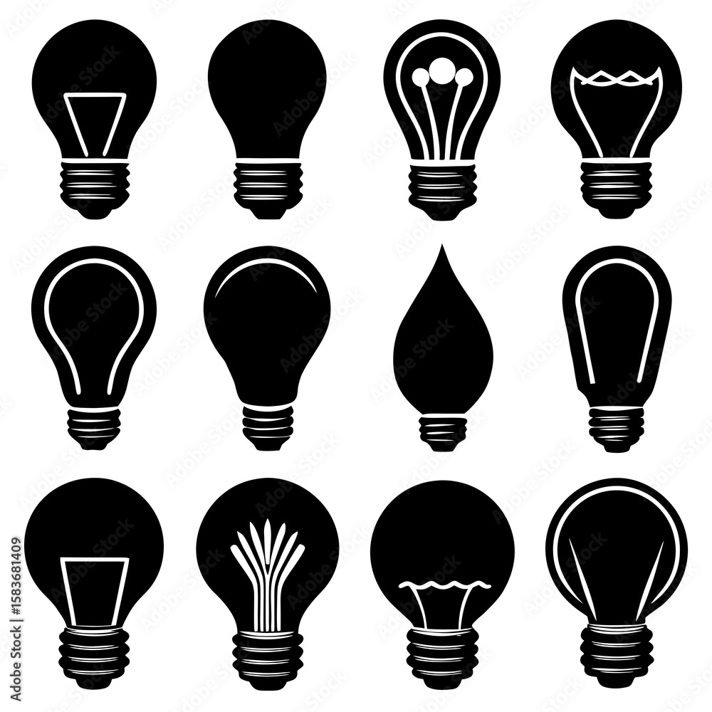 Naklejka premium Various Black Light Bulb Silhouettes white illustration