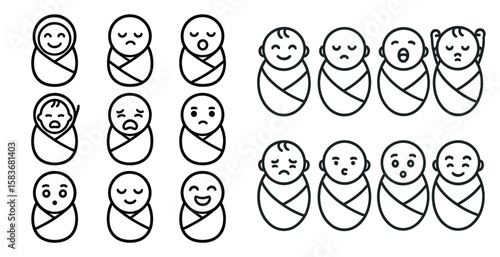 Set of baby faces with different expressions. The first set of faces are smiling, while the second set are frowning
