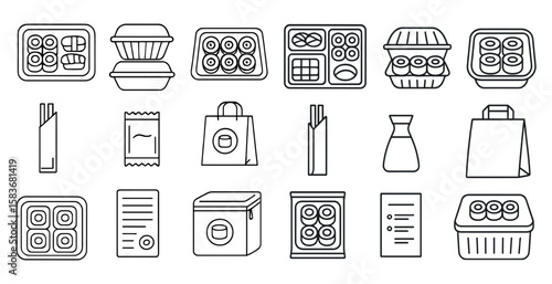 Collection of food-related items, such as containers, utensils, and packaging, including a paper bag, a tray, and a cup