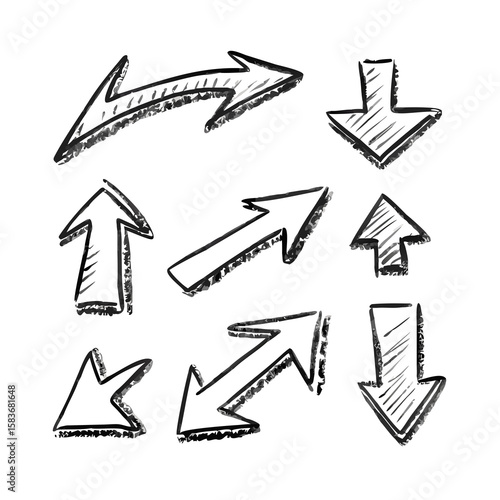 Hand drawn line chalk brush stroke arrow icon set. Chalk crayon underline, check mark, scribble and texture in rough hand sketch style. Drawn heart, frame, star design shapes. Vector illustration