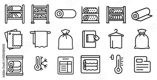Series of icons depicting various household items such as a towel, a book, a bag, and a thermometer