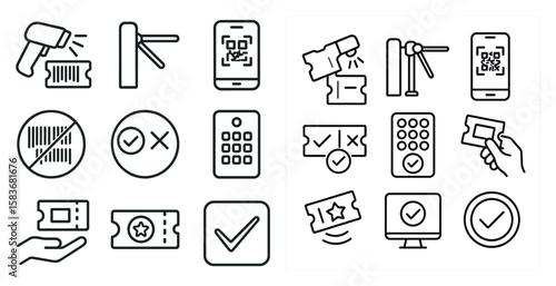Set of icons for a ticketing system. The icons include a ticket, a phone, a keypad, a ticket scanner, and a person holding a ticket