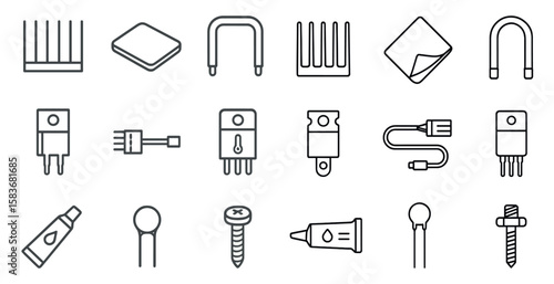 Collection of tools and hardware items are shown in a grid. The items include a screwdriver, a wrench, a hammer, a pair of pliers, and a pair of scissors. Concept of organization and practicality