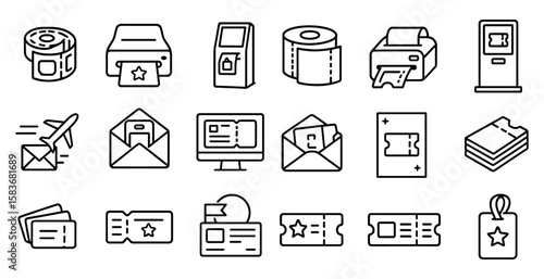 Set of icons for various office supplies, including a printer, a scanner, a keyboard, a mouse, and a computer monitor