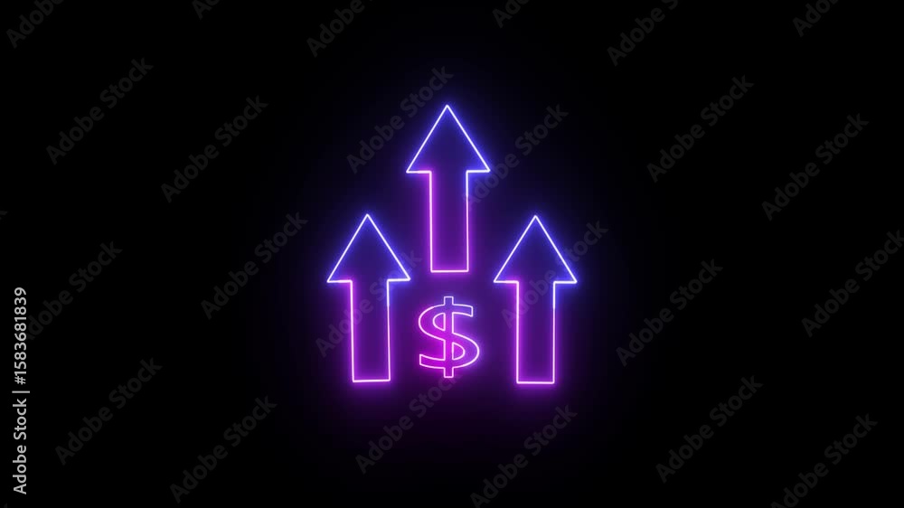 a glowing neon dollar sign with three upward-pointing arrows, symbolizing neon color animation videos a glowing neon dollar sign with three upward-pointing arrows, symbolizing neon color animation videos