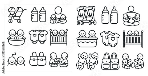 Collection of baby-related icons, such as a bottle, stroller, crib, and baby, are displayed in a grid. The icons are all in black and white, and they convey a sense of innocence and childhood