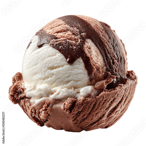 Delicious chocolate swirl ice cream scoop with fudge drizzle isolated on transparent background