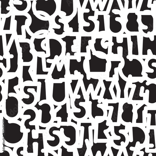 Seamless pattern with outline font of simple, thick geometric shape. Abstract vector monochrome background with latin letters. Wallpaper, wrapping paper, fabric, textile, tile. T-shirt design. No AI 