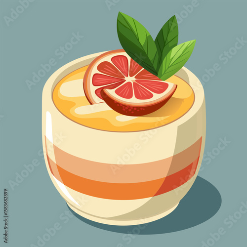 A vibrant depiction of a grapefruit smoothie in a striped ceramic mug. garnished with fresh mint leaves. Citrus fruit beverage in a casual setting.