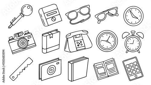 A vibrant vector icon pack of 30 everyday objects, each icon designed in bold, saturated colors with soft shadows and flat design elements. Items include phones, keys, glasses, wallets, clocks, and bo