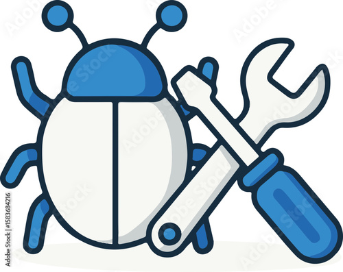 Bug fixing illustrated by bug and wrench, modern digital technology isometric icons. Bug fixing concept displays isometric icons, transparent background, clean lines,