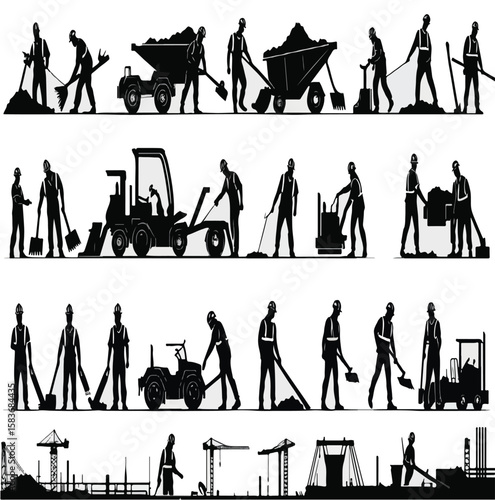 Silhouettes of People Performing Various Street Cleaning and Maintenance Tasks – Urban Workers, Cleaners, and Public Service Vector Illustration