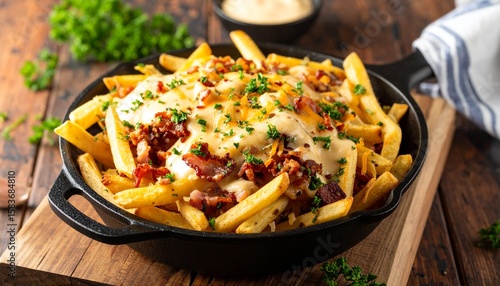 Loaded Fries Bacon Concept. Delicious loaded fries topped with cheese and herbs in a skillet.