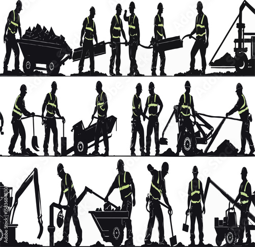Silhouettes of People Performing Various Street Cleaning and Maintenance Tasks – Urban Workers, Cleaners, and Public Service Vector Illustration