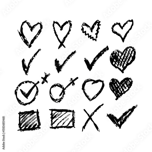 Hand drawn line chalk brush stroke arrow icon set. Chalk crayon underline, check mark, scribble and texture in rough hand sketch style. Drawn heart, frame, star design shapes. Vector illustration
