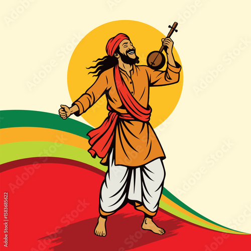 Male Baul Singer Performing Joyfully with Ektara in Bengali Traditional Folk Vector Style
