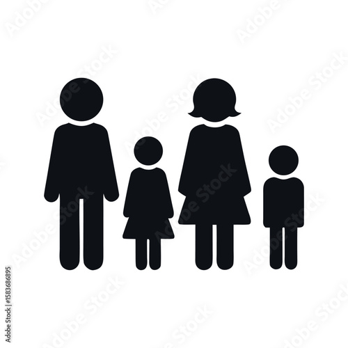 Family silhouettes illustrate a loving group of people, including mother, father, son, and child figures, symbolizing together and parental bonds a minimalist flat black silhouette of  family people