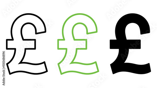 Vector art of three pound currency symbols in different styles isolated on white background