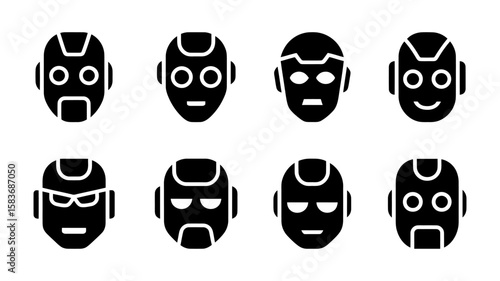 Vector art of a collection of robot head icons showcases a variety of expressions and designs, isolated on white background