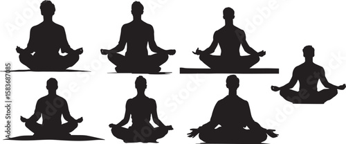Silhouettes of individuals meditating in various poses, symbolizing mindfulness, inner peace, and relaxation for wellness and mental health