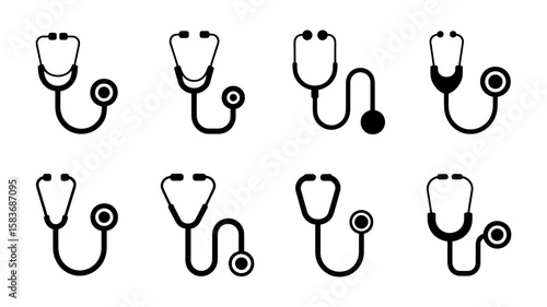 Vector art of various stethoscope icons are displayed on an isolated on white background, representing medical examination