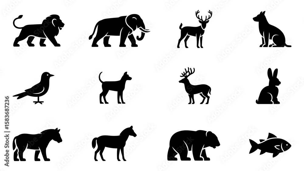 Fototapeta premium Vector art of a diverse collection of animal silhouettes isolated on white background representing various species