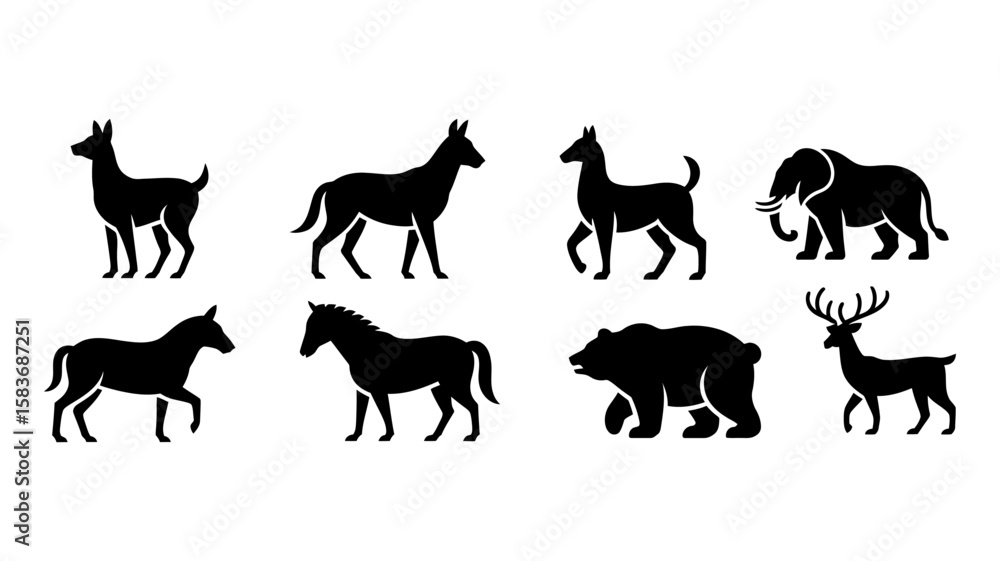 Obraz premium Vector art of a variety of animal silhouettes isolated on white background depicting different species and forms
