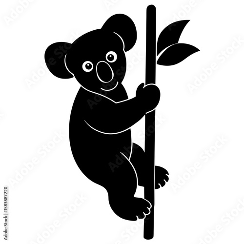 A black silhouette of a koala is depicted clinging to a vertical branch against a white background.