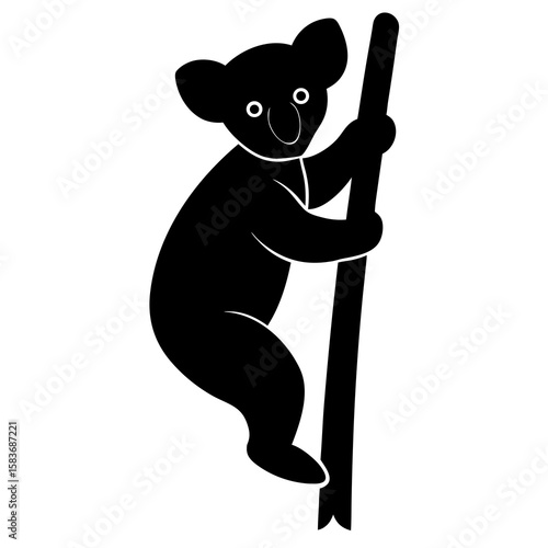 A black silhouette of a koala is depicted clinging to a vertical branch against a white background.